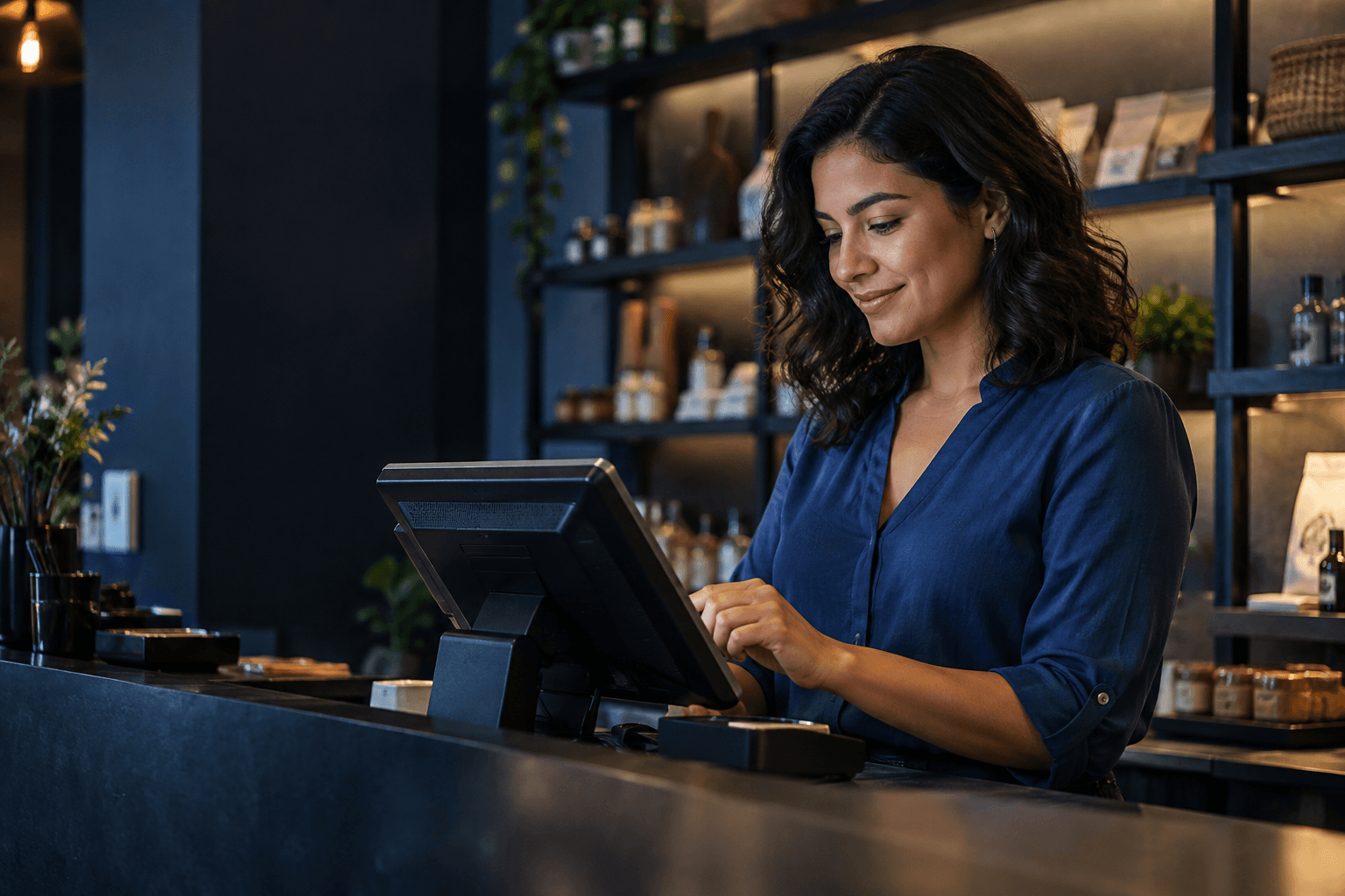 Escena ilustrativa de una comerciante usando un punto de venta