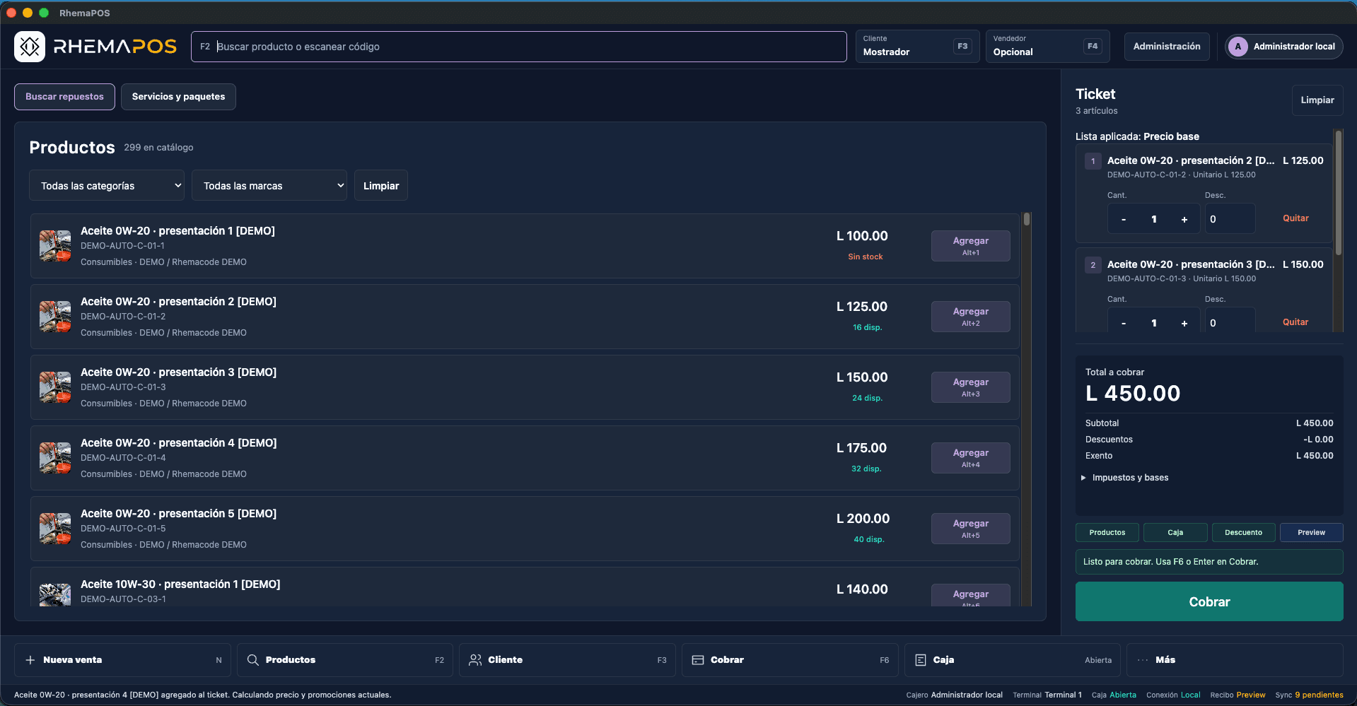 Pantalla de ventas de RhemaPOS con catálogo de productos, existencias y ticket de cobro